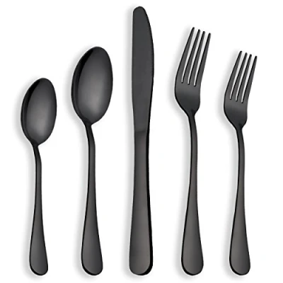 Immagine di posate Berglander nero oro, 30 pezzi in titanio di posate, pezzi, colore: Nero, set da acciaio INOX argenteria set, servizio per 6, 30pcs (Nero lucido)