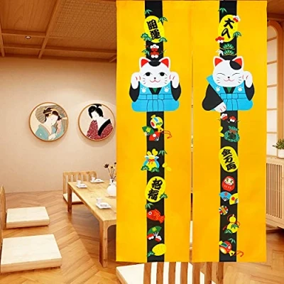 Immagine di LIGICKY Noren Tenda lunga da appendere per porta, in stile giapponese, 85 x 150 cm, colore: Giallo (gatto della fortuna)