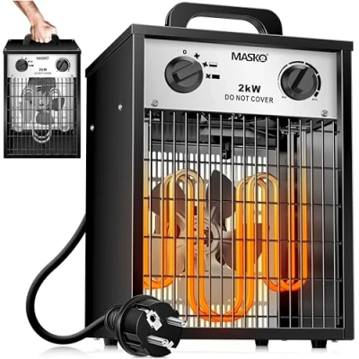 Immagine di Masko® Riscaldatore elettrico da 2 KW con termostato integrato, 2000 Watt, 3 livelli di riscaldamento, per uso interno ed esterno, protezione sovraccarico, ventilatore bianco