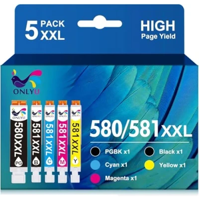 Immagine di ONLYU PGI 580XXL CLI 581XXL Cartucce di inchiostro compatibili per Canon PIXMA TS6150 TS6151 TS6250 TS6251 TS8150 TS8151 TS8250 TS8251 TS8252 TS8350 TS9150 TR7550 TS705 TR8550 TS9550 (5 PACK)