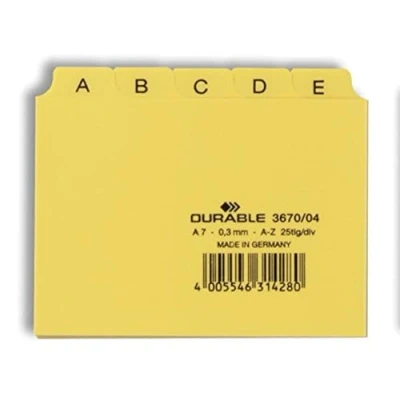 Immagine di Durable 367004 Divisore alfabetico per schedario, f.to A7, con etichette prestampate (A Z), giallo, confezione da 25 pezzi