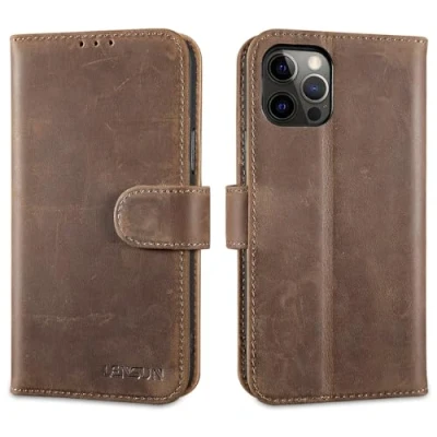 Immagine di Lensun Custodia per iPhone 12 Pro, Cover in Vera Pelle Portacellulare Antiurto Libro con Portafoglio Chiusura Magnetico Flip Custodie Cuoio Telefono Marrone retrò