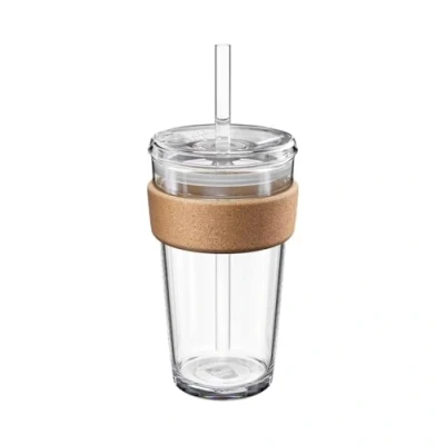 Immagine di KeepCup Brew Cork Cold Cup Bicchiere in vetro temperato per caffè ghiacciato con cinturino sughero recuperato, coperchio e cannuccia, 454 ml