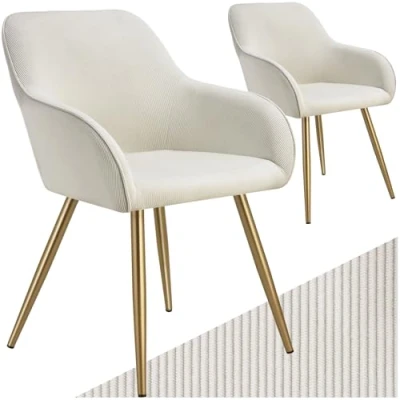 Immagine di TecTake® Set 2 Sedie Velluto a Coste con Braccioli, Sedia Sala da Pranzo Gambe in Acciaio, Comoda Poltrona Salotto Imbottitura Schiuma ad Alta Densità, Antiscivolo Crema/Oro