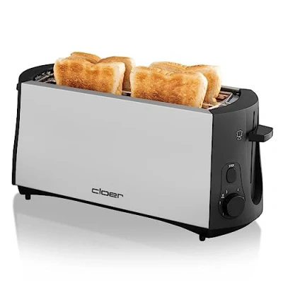 Immagine di Cloer 3710 Tostapane a Fessura Lunga per 4 Fette, 1380 W, scaldapanini integrato, funzione di sollevamento, cassetto raccogli briciole, custodia in metallo opaco, isolato termicamente