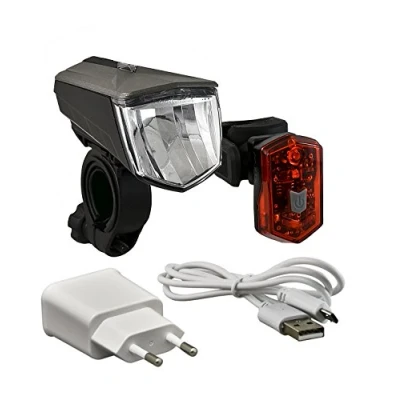 Immagine di Büchel Set luci LED a batteria: 80 Lux batteria torcia lampada frontale Vail + posteriore per bicicletta Micro light, caricatore, StVZO, 51252526 Leuchten Set, Nero, taglia unica