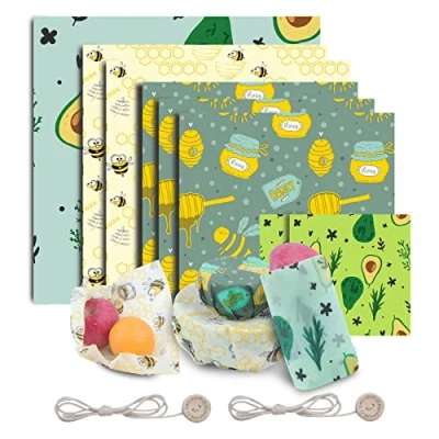 Immagine di Set di 8 panni in cera d&#039;api, biologici, 100% naturali ed ecologici, grandi teli cerati Beeswax wrap riutilizzabili per uso alimentare