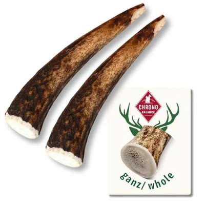 Immagine di ChronoBalance® (M Set di 2) Corna Cervo per Cani (Pezzi Interi) Bastoncino da Masticare Naturale, Osso Cervo, Giocattolo Lunga Durata, Cura dei Denti, Sostenibile Sicuro, Snack Nutriente
