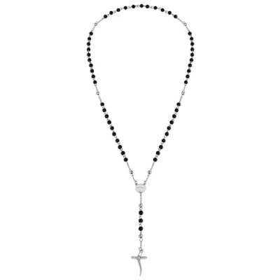Immagine di Breil, Collezione Code, Collana Uomo, Rosario Uomo in Acciaio Specchiato, con Pietre Naturali di Onice, Iconica Croce Breil e Pratica Chiusura a Moschettone, Lunghezza 63 cm, Nero Argento