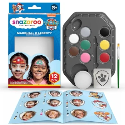 Immagine di Snazaroo Kit Pittura Di Viso PAW Patrol La Squadra Dei Cuccioli Marshall &amp; Liberty Per Bambini, 8 Colori, 1 Stencil, Pennello, Spugna, Guida, Colori Trucco A Base D&#039;acqua