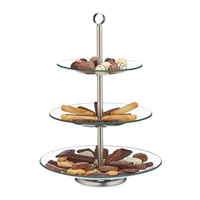 Immagine di Relaxdays 2X Alzata a 3 Piani, Cucina, per Frutta, Biscotti &amp; Cupcake, da Tavola, Vetro, Acciaio Inox, Argento/Trasparente