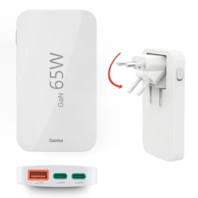 Immagine di Hama Caricatore rapido, 2x USB C, 1x A, mini piatto, PD, 65 W, WS (65 W), per dispositivi mobili, Bianco