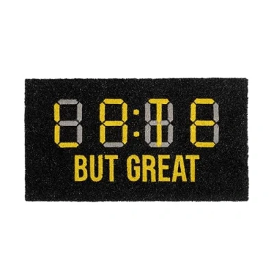 Immagine di Fisura Zerbino originale “late but great in cocco con base antiscivolo PVC. per ingresso casa. nero e giallo. Dipinto a mano. Misure: 70 cm x 40