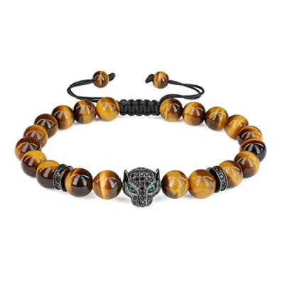 Immagine di COAI Bracciale da Uomo Regolabile in Occhio di Tigre Marrone con Amuleto Leopardo Zirconi, Ispirazione Shamballa Pietre Semi preziose