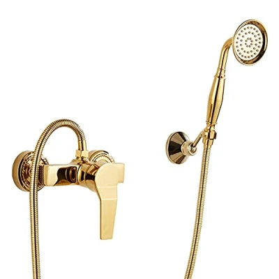 Immagine di GX Rubinetto Vasca Bagno con Doccetta Ottone Monocomando Miscelatore A Parete Supporto E Tubo da 150Cm, Oro