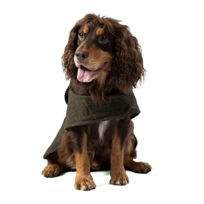 Immagine di HUGO &amp; HUDSON x HACKETT Giacca per cani in tweed, cappotto invernale con collo velluto a coste, Spina di pesce quadri verde scuro, XS25