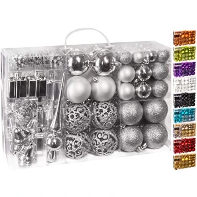 Immagine di Brubaker Set di 100 Accessori Decorativi per L&#039;Albero Natale addobbi Natalizie in Color Argento Diverse Forme Palline ed Un Puntale Albero