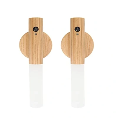 Immagine di 2 Pezzi Lampada da Parete in Legno, Luce Notturna per Interni con Sensore di Movimento, Batteria Ricaricabile Magnetica Senza Fili Interruttore Camera Letto, Corridoio, Scale (legno)
