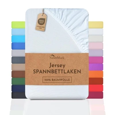 Immagine di NatureMark Lenzuolo con angoli elasticizzati in jersey, 100% cotone, molti colori e misure, conforme all’Oeko Tex Standard 100, 140 x 200 cm 160 bianco