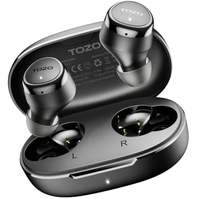 Immagine di TOZO E1 Auricolari senza fili con microfono Chiamate chiare Bluetooth 5.3 ergonomico e leggero in auricolare IPX6 impermeabile Premium Stereo Sound Headset 30H Playtime 32 EQ via APP, nero