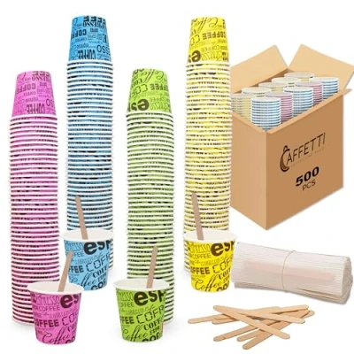 Immagine di Caffetti Set 500 Bicchierini Caffè + Palette Bicchieri 75 ml 2,5 oz in Carta Colorati e Palettine Usa Getta Riciclabili, per Ristoranti, Ufficio, Asporto, Bar, Espresso