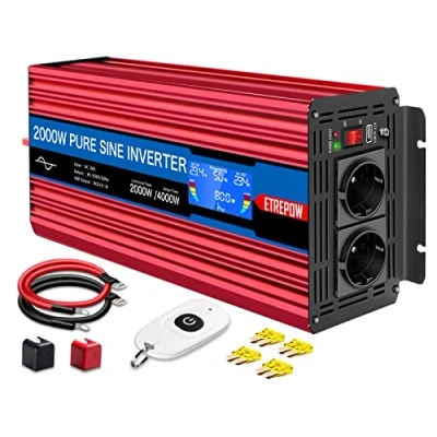 Immagine di ETREPOW 2000w Inverter 24V 220v Onda Sinusoidale Pura Trasformatore Con 2 Prese EU e USB, Telecomando Senza Fili,Display LCD picco 4000W