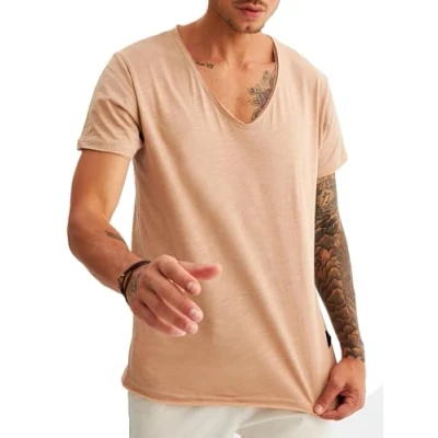 Immagine di Leif Nelson Maglietta estiva da uomo, con scollo a V, slim fit, in cotone, stile moderno, maniche corte, lunghezza LN6280, beige., XL