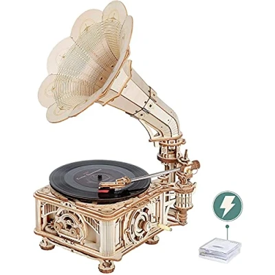 Immagine di ROKR Puzzle 3D Legno per Bambini e Adulti Modellismo da Costruire Grammofono Classico Kit Modello, Modalità Automatica Manuale LKB01D