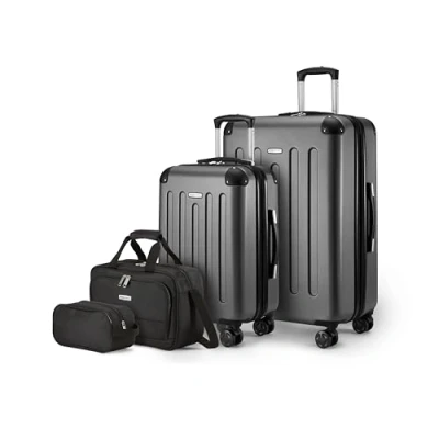 Immagine di Amazon Basics Set di Valigie Rigide, 4 pezzi, Valigia Grande, Trolley, Borsa a mano, da viaggio compatta, Espandibili, Ruote Girevoli, Nero