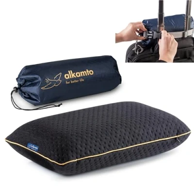 Immagine di alkamto Cuscino da viaggio Supporto ergonomico per il collo campeggio in memory foam con federa termoregolante Borsa impermeabile inclusa (Nero)