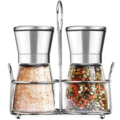 Immagine di Amison Set di Macina Sale e Pepe con Supporto Abbinato in Acciaio Inox Ruvidità Regolabile, Confezione da 2 pezzi, Argento