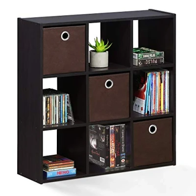 Immagine di Furinno Simplistic Organizer a 9 cubi con contenitori, Legno ingegnerizzato, Noce Scuro, Taglia Unica