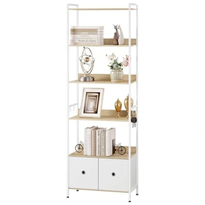 Immagine di WOLTU Libreria a 5 Piani con 2 Cassetti, Scaffale di Stoccaggio Pavimento, Moderno, Struttura in Acciaio, Soggiorno/Ufficio/Studio/Cucina/Camera da Letto, Rovere Chiaro+Bianco, RGB62whe