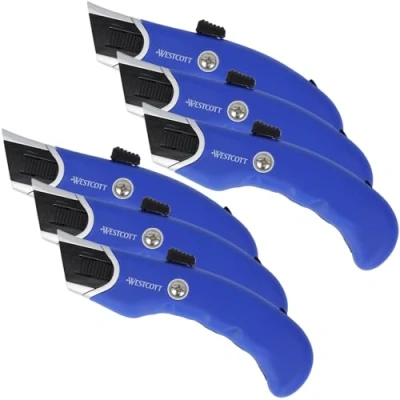 Immagine di Westcott Taglierina di sicurezza resistente, 6 pezzi Coltello multiuso con Lama trapezoidale da 19 mm Include 5 lame ricambio a molla per la massima Manico ergonomico