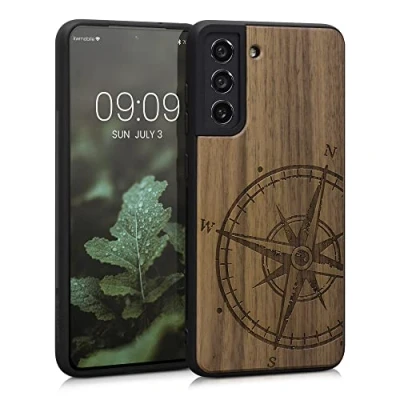 Immagine di kwmobile Custodia Compatibile con Samsung Galaxy S21 FE Cover Back Case in Legno Bumper Silicone TPU Bussola vintage marrone scuro