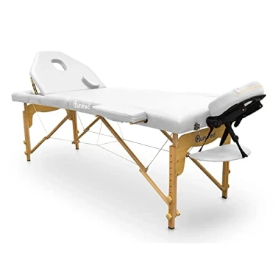 Immagine di QUIRUMED Lettino pieghevole in legno Pro, 194 x 70 cm, con schienale ribaltabile, colore bianco, ecopelle, foro viso, testa rimovibile, altezza regolabile, fino a 150 kg