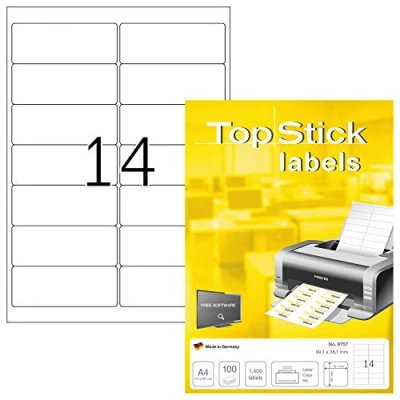 Immagine di TopStick etichette autoadesive per indirizzi, 14 foglio A4, 100 fogli, 99,1 x 38,1 mm, 1400 etichette, postali vuote, stampanti laser e inkjet, bianco