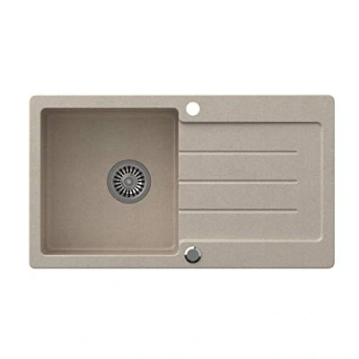 Immagine di VBChome Lavello da incasso in granito, 77 x 44 cm, colore beige screziato, reversibile, con sifone