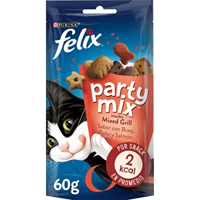 Immagine di Purina Felix Party Mix Snack Gatto Mixed Grill con Manzo, Pollo e Salmone, 8 Confezioni da 60 g