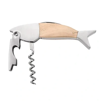 Immagine di kwmobile Cavatappi a Forma di Pesce in Acciaio Inox e Legno Professionali Apribottiglie Vino con Tagliacapsule Apri Bottiglia argento