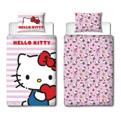Immagine di Character World Hello Kitty, set copripiumino singolo con licenza ufficiale Design, reversibile, 2 lati, federa coordinata, perfetto per la camera dei bambini, in policotone