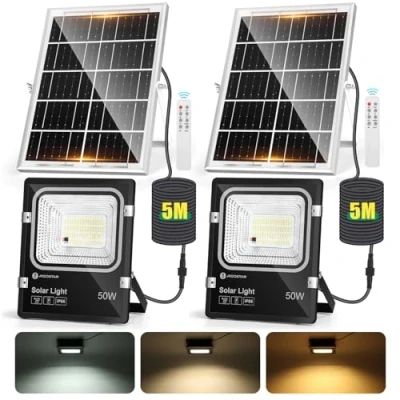 Immagine di Aigostar Faro led esterno con grande pannello solare，cavo 5M，dimmerabile 3000/4000/6500K，4000mAH，Batteria di capacità，Faretto da solare telecomando e timer，IP66