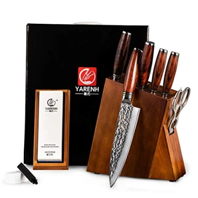 Immagine di Yarenh Set Coltelli Professionali Cucina 5 Pezzi,Coltelli en Lama in Acciaio Damasco Giapponese,Coltello da Cucina,Coltelli Chef,Coltelli Giapponesi