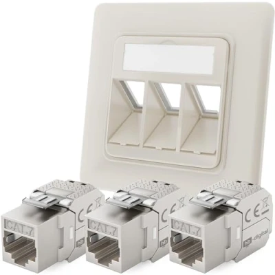 Immagine di hb digital presa di rete a 3 porte CAT 7 da incasso RAL9010 + X Keystone RJ45 modulo LAN Ethernet per 5e 6 6a max. 10 Gbps STP bianco puro