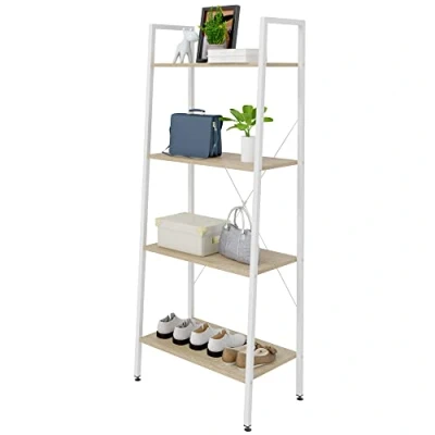 Immagine di eSituro Scaffale Libreria a Scala Porta oggetti in Acciaio Legno 4 Ripiani Design Industriale Scaffalatura Multifunzionale per Cucina Soggiorno Rovere Chiaro SSTR0039