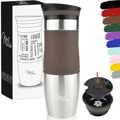Immagine di Milu Tazza Termica da viaggio per caffè 370ml 450ml 100% a Prova di perdite Isolata e tè portare via bere in acciaio inossidabile (Marrone, 450ml)