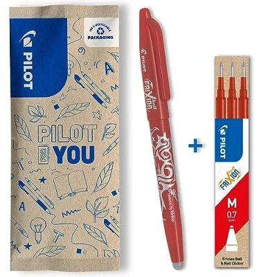 Immagine di PILOT Confezione da 1 Frixion Ball + set di 3 ricariche Penna cancellabile con inchiostro termosensibile roller ricaricabile realizzata in plastica riciclata Rosso Punta media