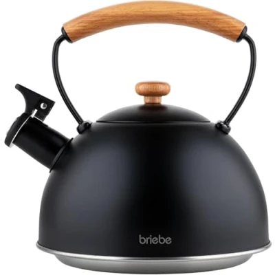 Immagine di briebe Nordic Bollitore Induzione a Fischio 2,3 L, Acciaio Inossidabile, Tutti Fornelli: Vetroceramica, Gas, Elettrico, Manico in Legno Cool Touch, per Tè, Caffè, Tea Pot, Nero