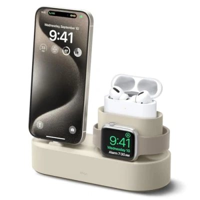 Immagine di elago Supporto di Ricarica 3 in 1 Compatibile con Apple Products, Watch Serie 10/9/8/7/6/5/4/6/5/4/3/2/1/SE 2/SE, AirPods 3/2/1 e Tutte le iPhone [Cavi originali richiesti] (Bianco)