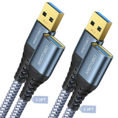 Immagine di ANDTOBO Cavo Prolunga USB 3.0, [1M+1M, 2 Pacchi] Tipo a Maschio Femmina Cavi di Estensione Trasferimento dati ad alta Velocità 5Gbps per Gamepad, Stampante, Webcam, Tastiera